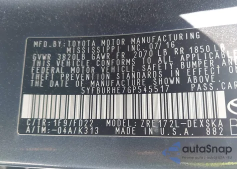 2016 Toyota Corolla S Plus z USA, uszkodzony, nr VIN 5YFBURHE7GP545517